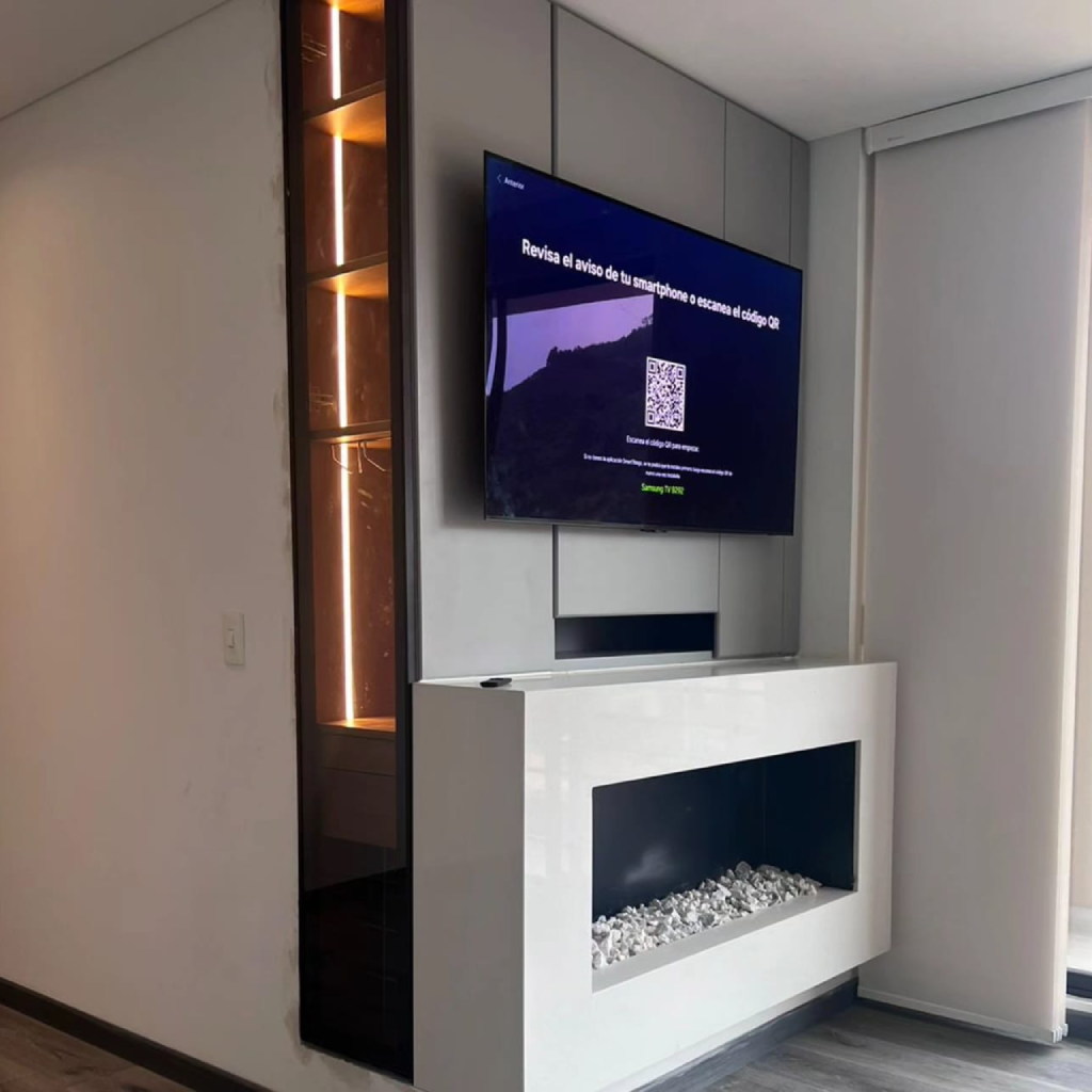 Centro de entretenimiento con chimenea moderna en Bogotá, Chía y Boyacá